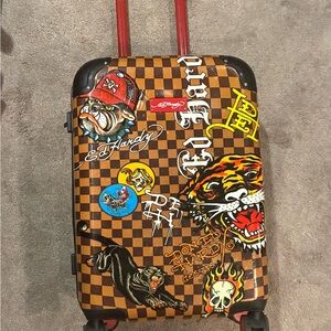 Ed Hardy Brown Checkerboard Tattoo-Graphic Rolling Carry-On